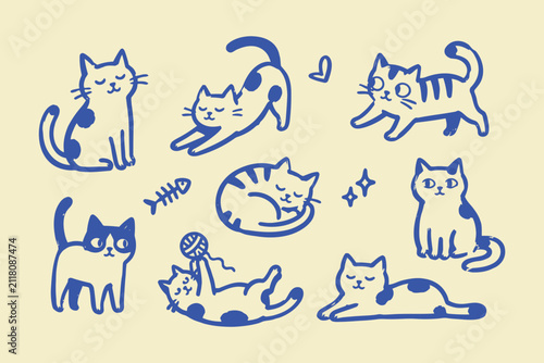 Cute Hand Drawn Blue Cat Vector Set Cute Kitty Characters Line Art Doodles Sticker Collection