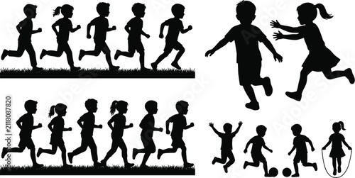 Foto Happy kids running playing and skipping rope vector silhouette icons representin
