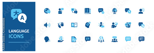 Quadro su tela Comprehensive set of language and translation icons featuring blue flat vector i