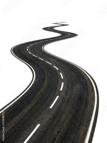 A winding asphalt road with white dashed lines curves through a bright white background, suggesting a journey or new beginning.