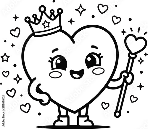 Cute cartoon heart character wearing a crown and holding a magic wand for kids coloring book page