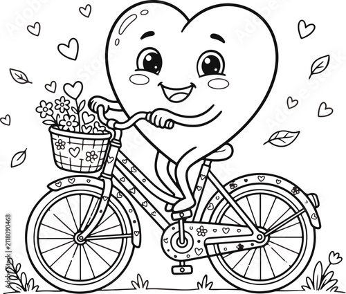 Cute cartoon heart character riding a bicycle with a basket full of flowers for a valentines day coloring page