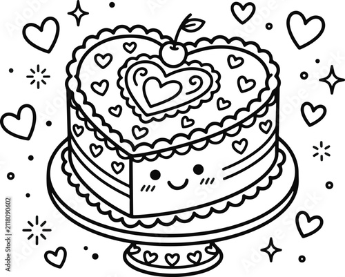 Принти на полотні Cute heart shaped cake coloring page for kids with sprinkles and cherry on top i