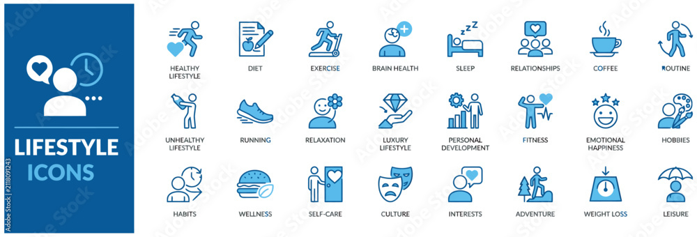 Naklejka premium Comprehensive set of lifestyle and wellness icons for healthy living and personal development apps.