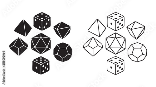 Photography dice and polyhedral shapes in black silhouette and outline art vector icon set