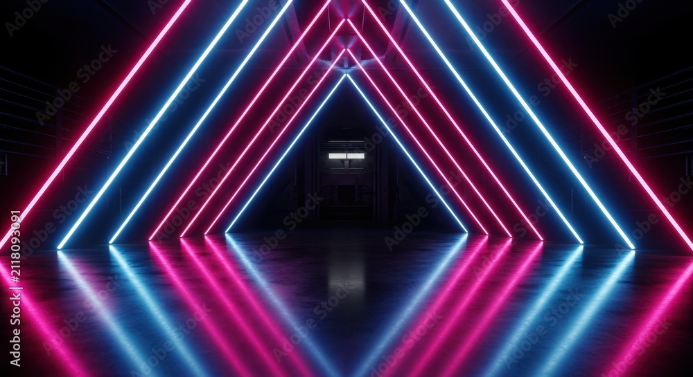 Fototapeta premium Neon pink and blue laser lines forming a perspective tunnel with science fiction