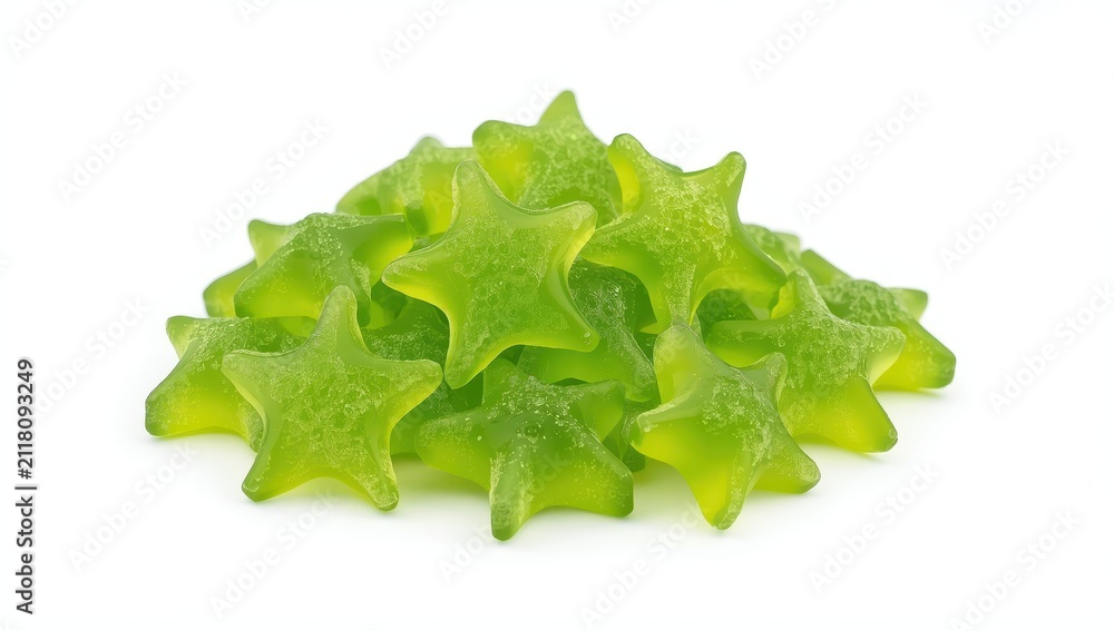 Fototapeta premium Green starfish-shaped gummy candies on a white backdrop.