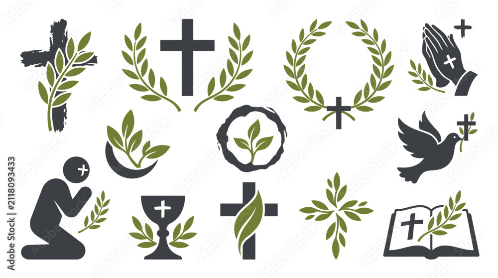 Obraz premium Collection of Christian religious symbols and icons, including crosses, doves, praying hands, and a bible.
