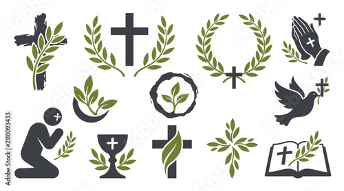 Foto Collection of Christian religious symbols and icons, including crosses, doves, praying hands, and a bible