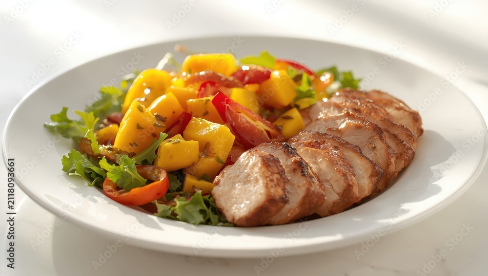 Fototapeta premium Grilled chicken mango salad, roasted pork on a white dish.