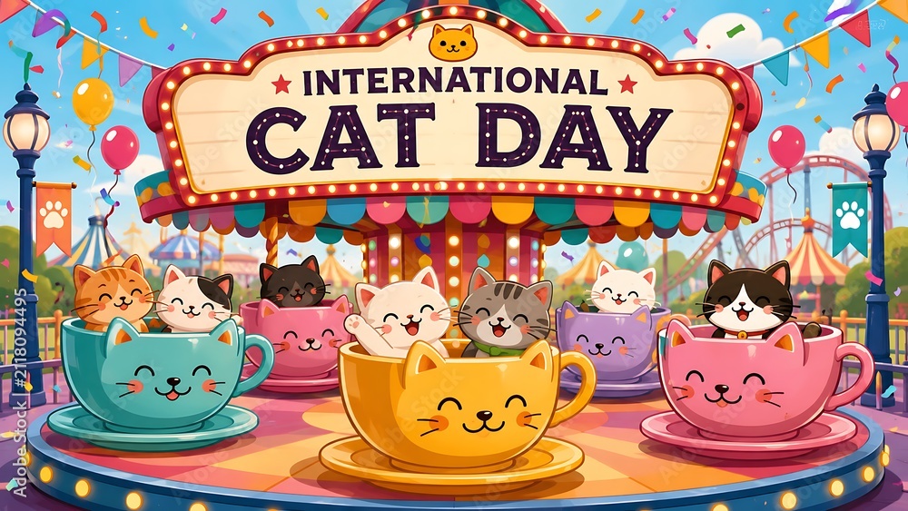Naklejka premium International Cat Day celebration concept banner with cute cats riding a colorful amusement park teacup ride, AI generated