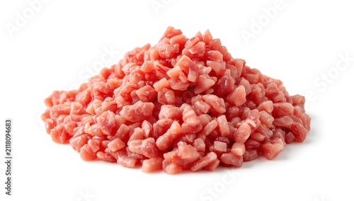 Ground pork on a white background, with cutout.