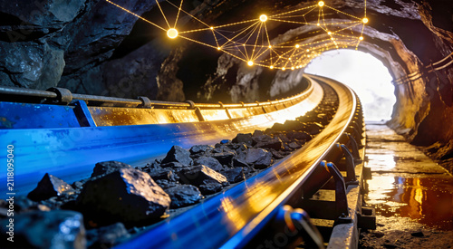 Underground mining conveyor belt carrying ore in a tunnel. Smart mining technology with glowing digital network. Industrial extraction concept