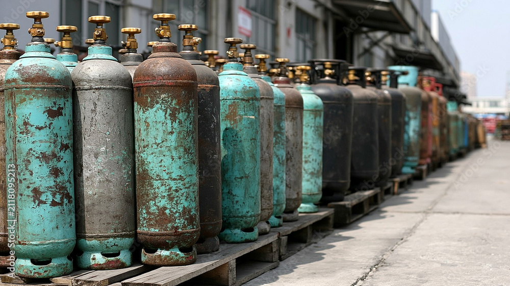 Obraz premium Industrial Gas Cylinders Lined Up: A row of old, weathered industrial gas cylinders stand on wooden pallets outside a factory, showing signs of wear and rust.