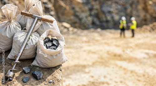 White woven sample bags filled with dark gray rocks next to a hand auger drill. Geotechnical soil and rock sampling in an open pit mine