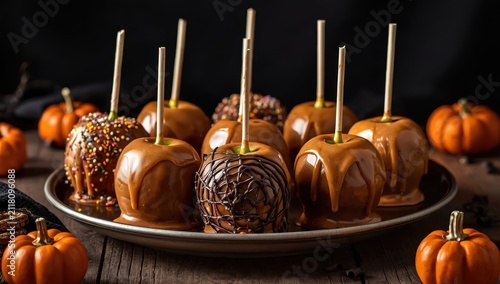 Halloween caramel apples on a dark backdrop.
