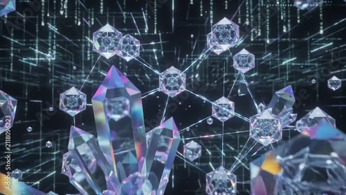 Abstract Holographic Crystals and Molecular Nodes Flying Through Digital Data Grid, Futuristic Technology Motion Graphic