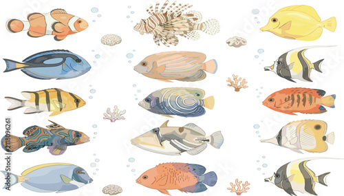 Bild auf Leinwand Tropical Marine Fish Vector Icon Set with Colorful Coral Reef Species Including