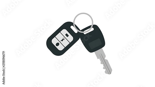 Minimalist vector illustration of a car key and remote key fob on a silver keychain isolated on a white background