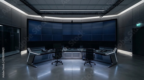 Futuristic control room with multiple screens and modern workstations, illuminated by ambient lighting, representing advanced technology and data monitoring