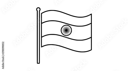 Indian Flag Waving on Pole Outline, Simple Line Art, National Symbol