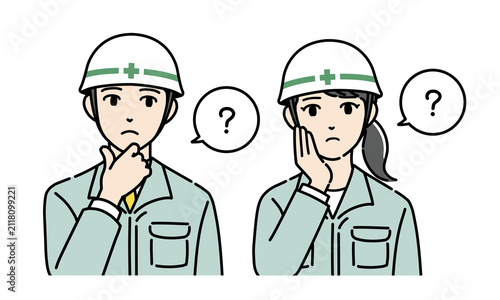 疑問を感じるヘルメットを着用した若い男女のイラストセット　正面