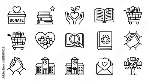 Charity and Education Icons Set: Donation, Books, Hands, School, Love, Recycle, Shopping Cart