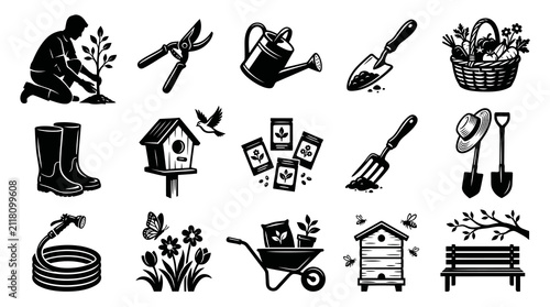 Black and White Gardening Glyph Icons Set: Farm, Horticulture, Nature  Outdoor Tools Collection