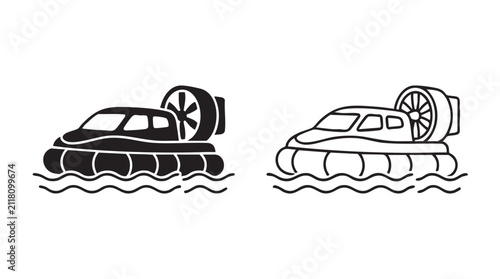 фотографія hovercraft black silhouette outline art vector icon over water black silhouette
