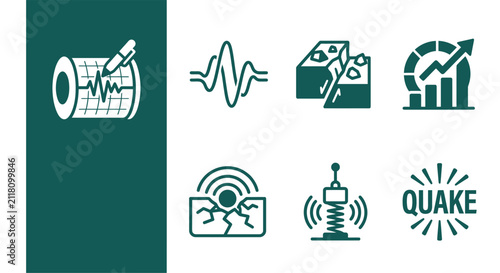 Obraz na plátně Minimalist earthquake icon set in dark teal featuring seismograph, seismic waves, tectonic fault lines, magnitude graph, tremor sensor, and epicenter symbol on white background