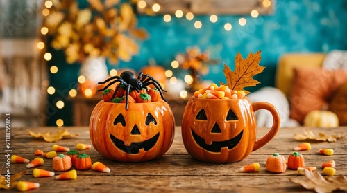 Two festive pumpkin mugs filled with candy corn and topped with a plastic spider and an autumn leaf