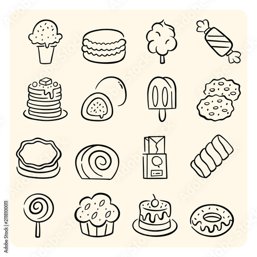 Yummy Sweets Bakery and Dessert Line Art Doodle Set