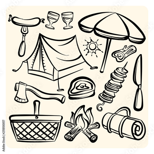 Outdoor Camping Picnic Equipment Doodles Set, Summer Adventure BBQ Clipart