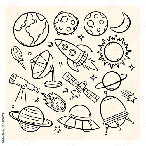 Outer Space Universe Doodle Set with Astronauts and Planets