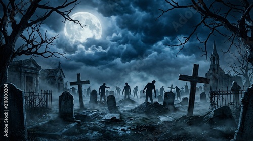 A chilling group of undead zombies rising from their graves in a dark misty graveyard under a full moon