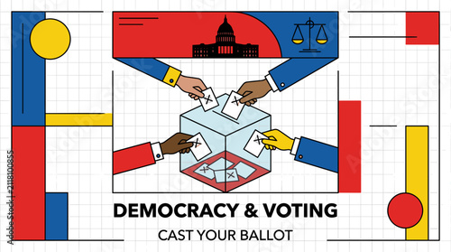Stylized hands casting ballots for democracy and voting.