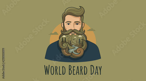 Stylized portrait of man with landscape beard illustration.