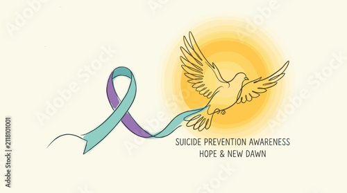 Suicide prevention awareness ribbon transforming into a flying dove.
