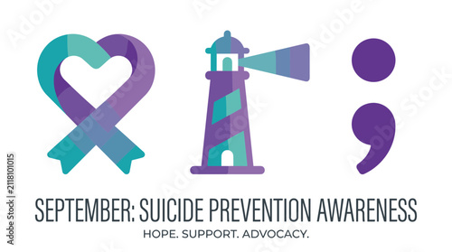 Suicide Prevention Awareness symbols with heart ribbon and lighthouse.