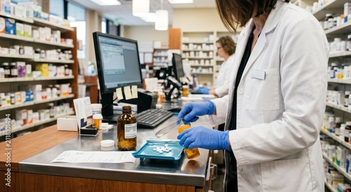 Pharmacist filling prescription in a pharmacy, surrounded by shelves of medicine