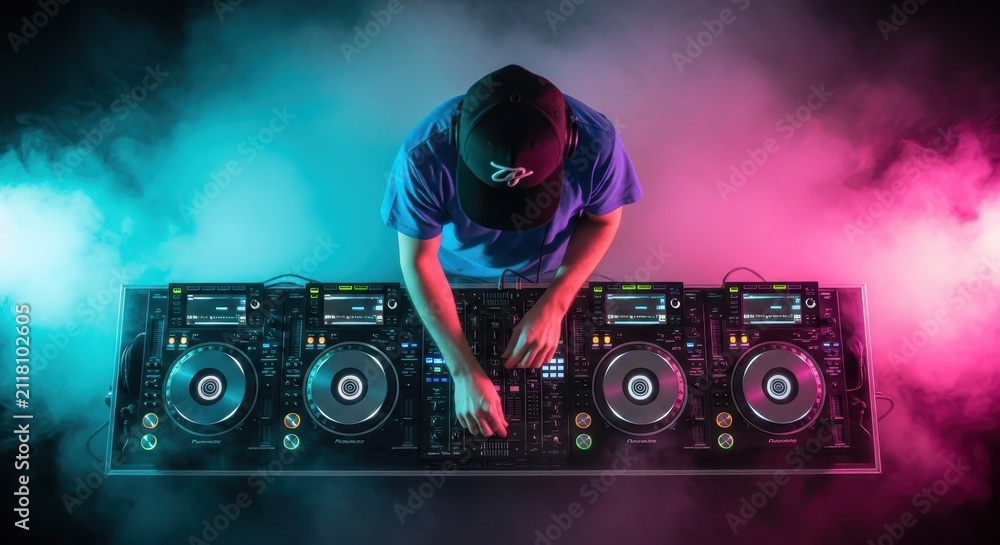 Naklejka premium Professional DJ performing on a modern controller setup with colorful smoke and neon lights in a dark nightclub
