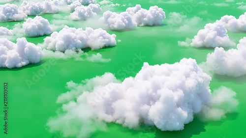 Pristine White Clouds Floating on a Luminous Green Background, Evoking a Serene and Dreamlike Atmosphere