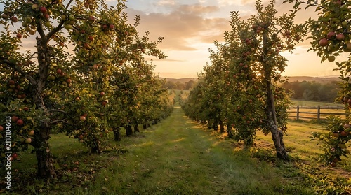 Golden hour sunlight illuminates rows of ripe apple trees in an orchard, with a grassy path leading into the distance and a fence visible.