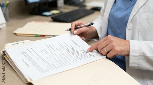 Careful double-check of a signed consent form before filing it into the chart in healthcare compliance setting
