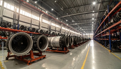Massive Jet Engine Production Facility: Rows of Aircraft Turbines Stored and Ready in a Modern Industrial Warehouse