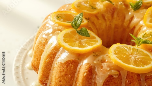 Tasty lemon cake topped with glaze, mint, and citrus fruits on a lightly textured surface, close-up.