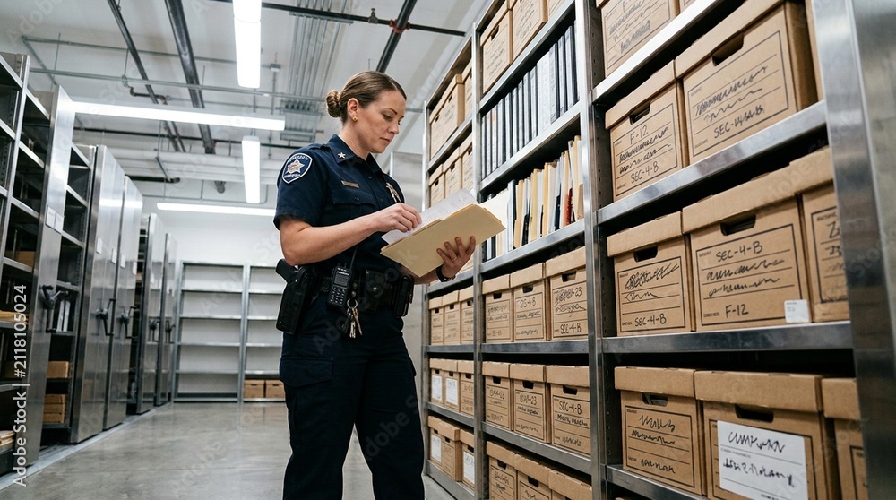 Fototapeta premium Standing beside a records shelf as an officer confirms archived compliance files in healthcare setting
