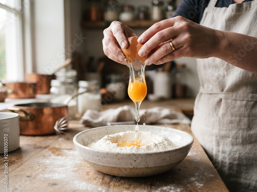 Chef cracking a fresh egg into a bowl of flour for homemade pasta dough preparation