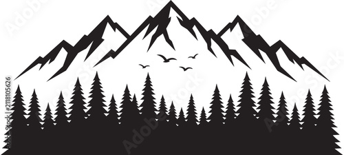 Black and white silhouette of a majestic mountain range rising above a dense pine forest with birds flying in the sky.