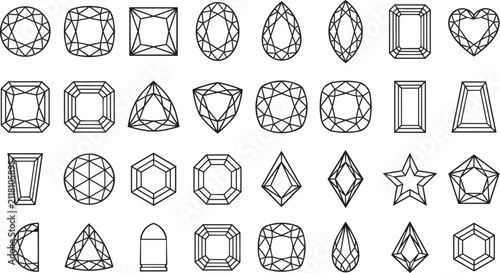 Comprehensive collection of various gemstone cut outlines arranged on a grid for jewelry design and luxury branding